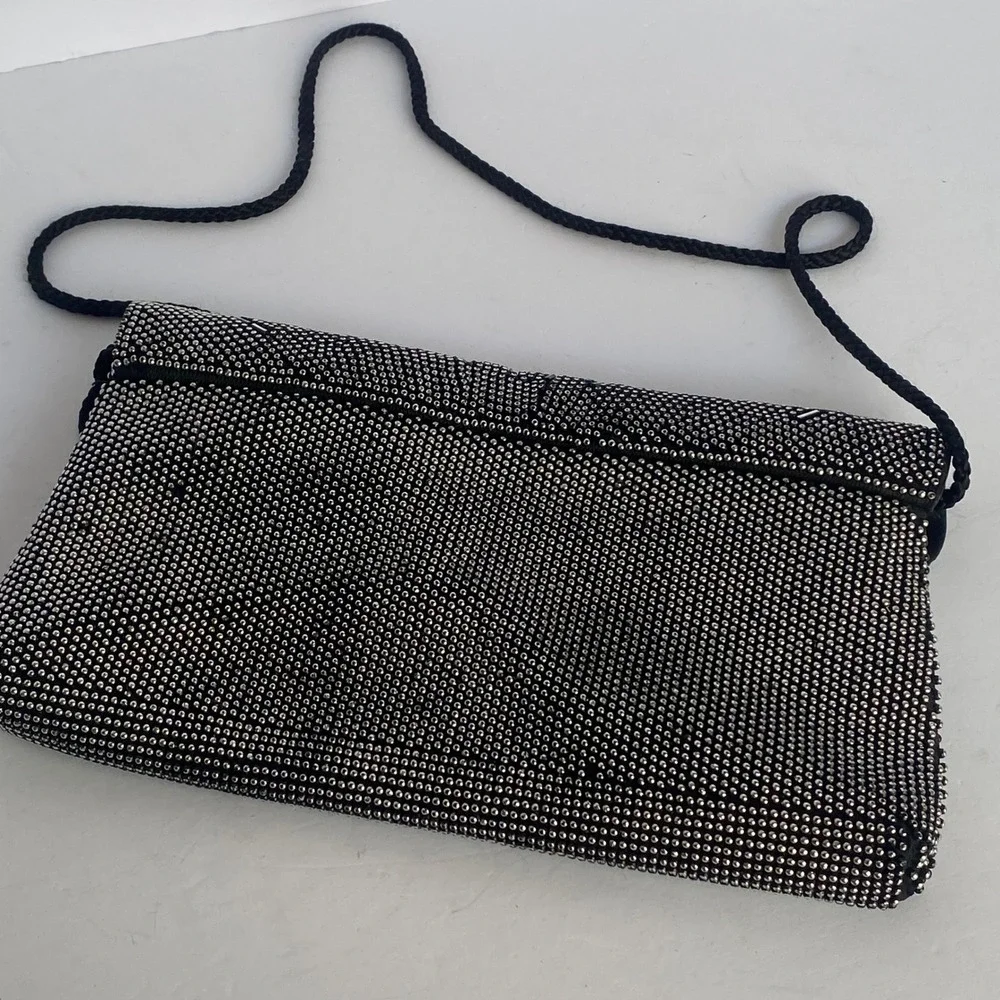 Beaded Evening Clutch Bag Womens Black Silver Scalloped Shell